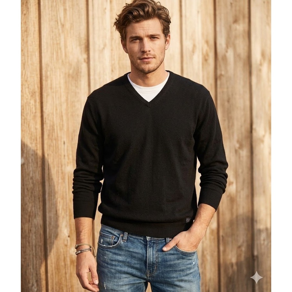 Valentino Jeans Sweater Mens Large Black V Neck Wool Blend Knit Logo Patch‎